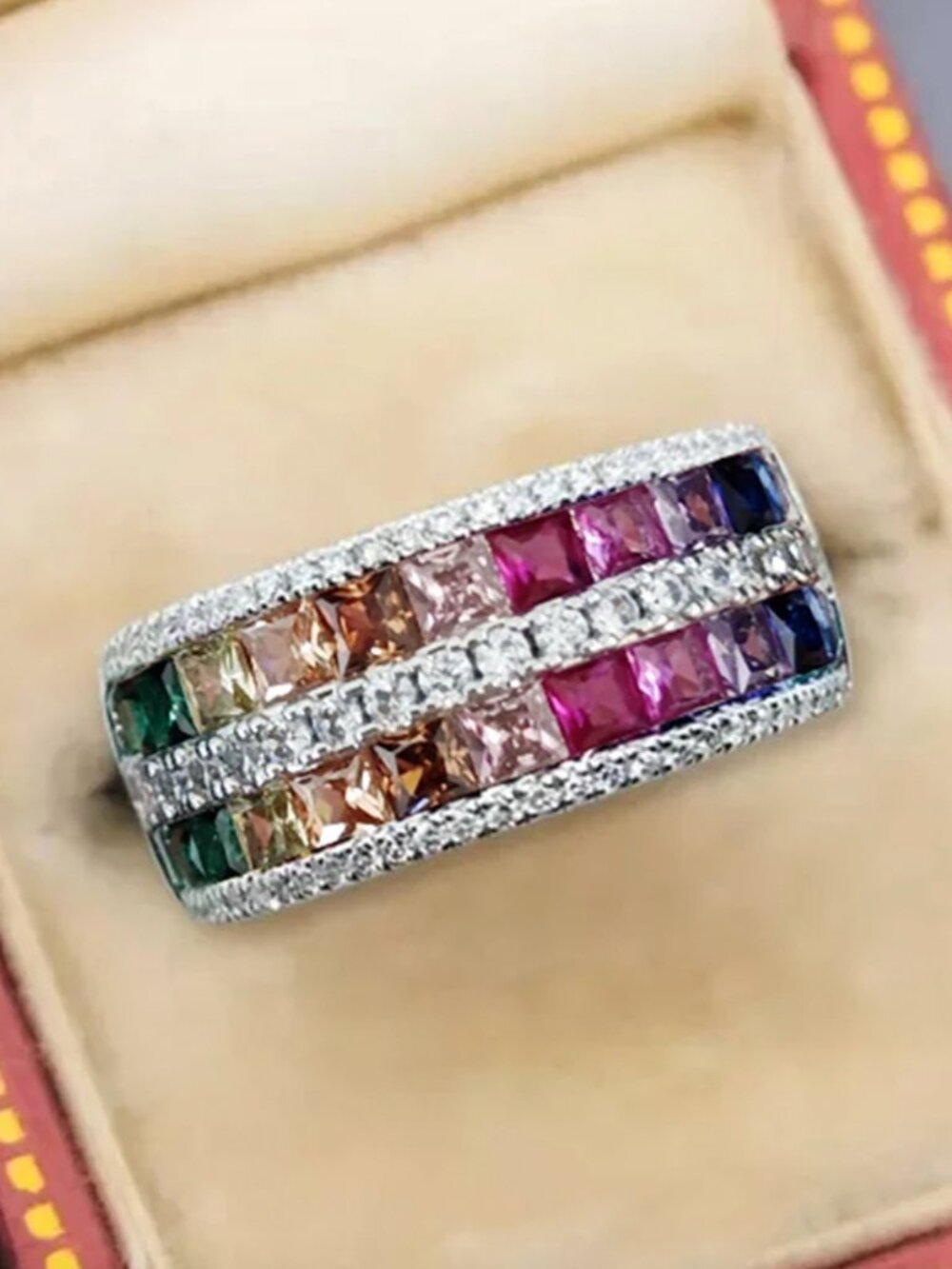 14k White Gold Diamond Rainbow Gemstones Diamond Ring Band Chunky Ring